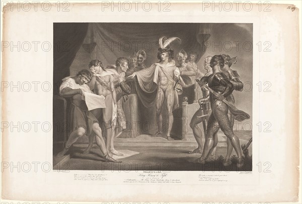 King Henry Condemning Cambridge, Scroop and Northumberland, 1798, Robert Thew (English, 1758-1802), after Henry Fuseli (Swiss, active in England, 1741-1825), published by John Boydell (English, 1719-1804), authored by William Shakespeare (English, 1564-1616), England, Engraving on ivory wove paper, 502 × 636 mm (plate), 596 × 888 mm (sheet)