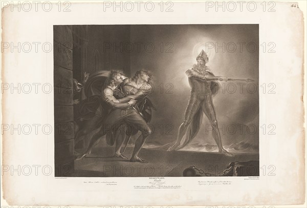 Hamlet, Horatio, Marcellus and the Ghost, 1796, Robert Thew (English, 1758-1802), after Henry Fuseli (Swiss, active in England, 1741-1825), published by John Boydell (English, 1719-1804), authored by William Shakespeare (English, 1564-1616), England, Engraving on ivory wove paper, 502 × 637 mm (plate), 593 × 880 mm (sheet)