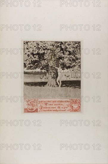 Preface I, plate one from A Life, 1884, Max Klinger (German, 1857-1920), printed by Otto Felsing (German, 19th century), Germany, Etching, with aquatint, roulette and drypoint in black and red ink on ivory China paper, laid down on cream laid paper, 343 x 278 mm (image), 366 x 312 mm (plate), 355 x 299 mm (primary support), 788 x 575 mm (secondary support, approx.)