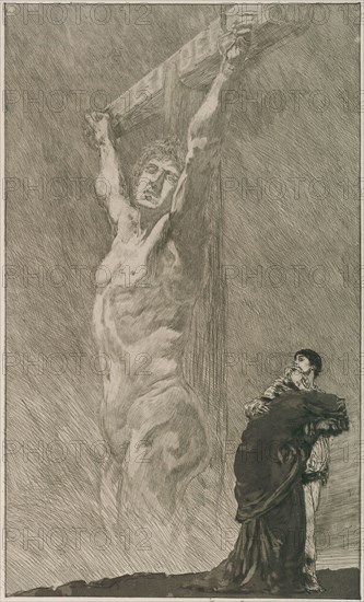 Suffer!, plate fourteen from A Life, 1884, Max Klinger (German, 1857-1920), printed by Otto Felsing (German, 19th century), Germany, Etching, aquatint and drypoint in black ink on grayish ivory wove paper, laid down on cream laid plate paper (chine collé), 272 x 164 mm (image), 295 x 205 mm (plate), 285 x 200 mm (primary support), 628 x 458 mm (secondary support)