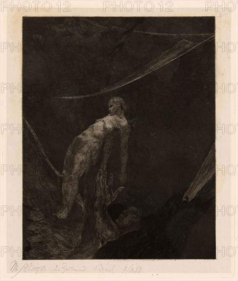 Back into Nothingness, plate fifteen from A Life, 1884, Max Klinger (German, 1857-1920), printed by Otto Felsing (German, 19th century), Germany, Aquatint and etching on ivory China paper laid down on cream laid paper, 328 x 269 mm (image), 369 x 312 mm (plate), 356 x 301 mm (primary support), 788 x 575 mm (secondary support, approx.)