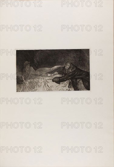 The Proposition, from A Life, 1884, Max Klinger (German, 1857-1920), printed by Otto Felsing (German, 19th century), Germany, Etching and aquatint, with drypoint on ivory China paper, laid down on cream laid paper, 196 x 347 mm (image), 220 x 370 mm (plate), 209 x 355 mm (primary support), 788 x 575 mm (secondary support, approx.)
