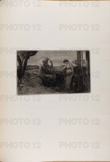 Christ and the Samaritan Woman, from A Life, 1884, Max Klinger (German, 1857-1920), printed by Otto Felsing (German, 19th century), Germany, Drypoint and aquatint, with etching on ivory China paper, laid down on cream laid paper, 221 x 368 mm (image), 221 x 368 mm (plate), 209 x 361 mm (primary support, approx.), 788 x 575 mm (secondary support, approx.)