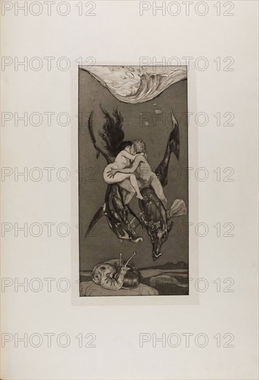 Temptation, plate four from A Life, 1884, Max Klinger (German, 1857-1920), printed by Otto Felsing (German, 19th century), Germany, Aquatint and etching, with roulette on ivory China paper, laid down on cream laid paper, 473 x 225 mm (image), 514 x 272 mm (plate), 502 x 263 mm (primary support), 788 x 575 mm (secondary support, approx.)