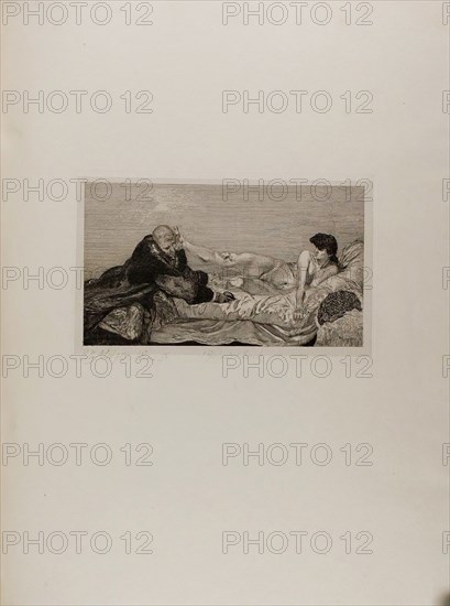 The Proposition, plate six from A Life, 1884, Max Klinger (German, 1857-1920), printed by Otto Felsing (German, 19th century), Germany, Etching on ivory China paper, laid down on cream laid paper, 196 x 344 mm (image), 232 x 370 mm (plate, approx.), 213 x 361 mm (primary support), 788 x 575 mm (secondary support, approx.)