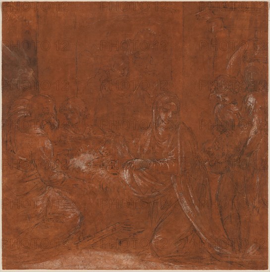 The Adoration of the Shepherds, 1611/12, Ludovico Carracci, Italian, 1555-1619, Bologna, Pen and brown ink, with white heightening, on ivory laid paper prepared with rust-brown wash, partially incised for transfer, 276 × 274 mm