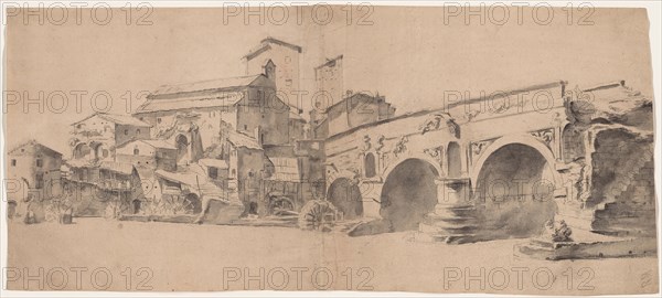 View of the Ponte Rotto, Rome, with Watermills, late 1630s, Jan Asselijn, Dutch, c. 1610-1652, Netherlands, Watercolor, over graphite, on cream laid paper, 200 x 455 mm