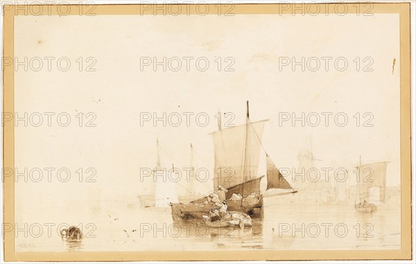 Boats in a Harbor, c. 1824, Richard Parkes Bonington, English, 1802-1828, England, Brush and brown wash, over graphite, on cream wove paper laid down on tan wove paper, 143 × 222 mm