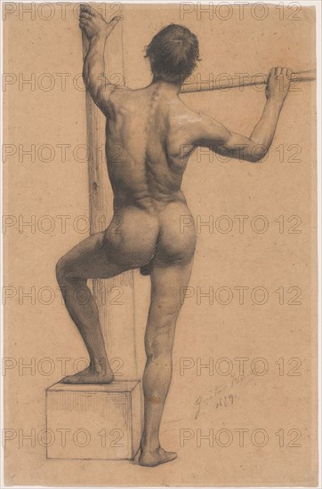 Male Nude with Left Foot on a Pedestal, 1879, Gustav Klimt, Austrian, 1862-1918, Austria, Graphite and white heightening on brown wove paper, 408 × 267 mm