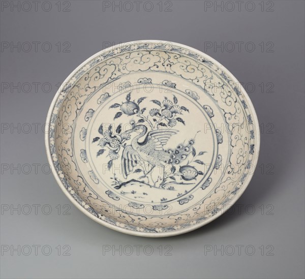 Dish with Peacock and Floral Motif, 15th century, Vietnam, Vietnam, Glazed stoneware with cobalt-blue underglaze, 6.8 × 33.2 × 33.2 cm ( 2 11/16 × 13 1/8 × 13 1/8 in.)