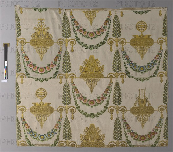 Panel Formerly Part of the Wall Covering in the Deuxième Salon des Grands Appartements of the Palais de Meudon (Château Neuf) (Empire style), 1808, Woven by Lacostat et Trollier, France, Lyon, Lyon, Silk, plain weave with supplementary brocading wefts bound in weft-float faced 1:3 'Z' twill interlacings, six panels joined, 203.5 x 219 cm (80 1/8 x 86 1/4 in.)