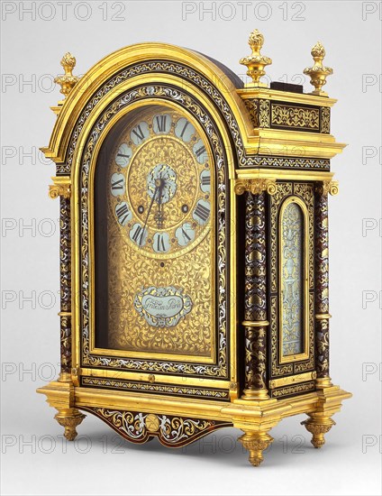 Table Clock, c. 1675, Case attributed to André Charles Boulle (French, 1642-1732), Clockwork by Nicolas Gribelin (French, 1637-1719), France, Paris, France, Walnut, ebony, gilt brass, enamel, red-stained tortoiseshell, pewter, brass, glass, steel, and various metals, H. 59.1 cm (23 1/4 in.)