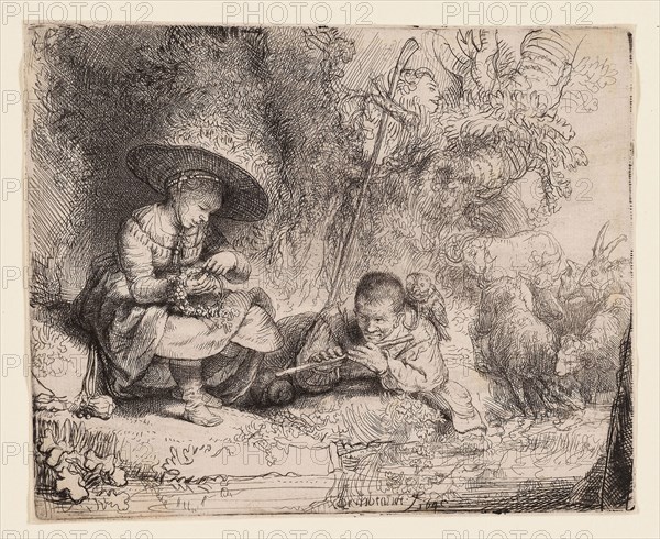 The Flute Player, 1642, Rembrandt van Rijn, Dutch, 1606-1669, Netherlands, Etching and drypoint on ivory laid paper, 118 × 145 mm (sheet)