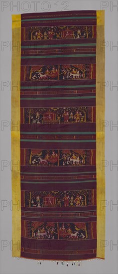 Khmer Pidan with Scenes from the Jataka Tales, Late 19th century, Cambodia, Cambodia, Center panel: silk, weft ikat weft-float faced 1:2 'Z' twill weave, side panels: silk, stripes of weft-faced 1:3 'Z' twill weave and stripes of plain weave, lower edge tape: silk, plain weave with attached gold- and silver-leaf-over-lacquered-paper-wrapped silk knotted cut fringe, center and side panels joined, 303.9 × 110.7 cm (119 3/4 × 43 5/8 in.)