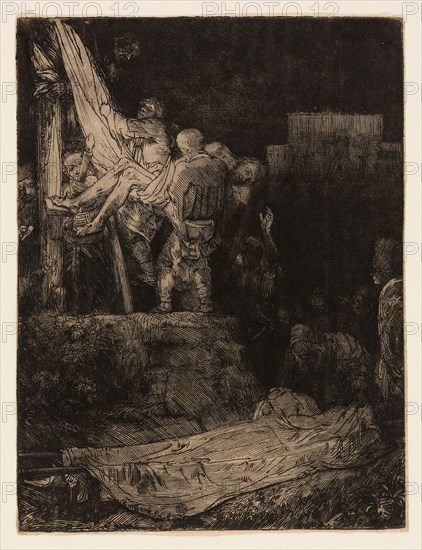 The Descent from the Cross by Torchlight, 1654, Rembrandt van Rijn, Dutch, 1606-1669, Netherlands, Etching and drypoint on ivory Japanese paper, 209 x 156 mm (sheet, trimmed within platemark)