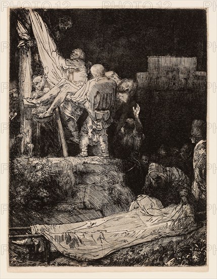 The Descent from the Cross by Torchlight, 1654, Rembrandt van Rijn, Dutch, 1606-1669, Netherlands, Etching and drypoint on ivory laid paper, 216 x 164 mm
