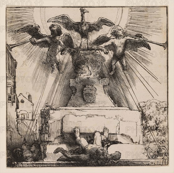 The Phoenix or The Statue Overthrown, 1658, Rembrandt van Rijn, Dutch, 1606-1669, Netherlands, Etching and drypoint on ivory laid paper, 179 x 183 mm