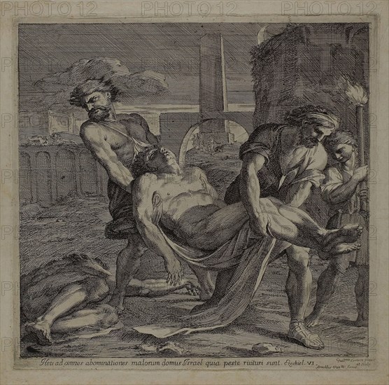 Saints Abdon and Sennen Bury the Remains of Christian Martyrs, 1656/57, Guillaume Courtois, French, 1628-1679, France, Etching on tan laid paper, verso graphite sketch of Saint's head traced from recto, 304 × 314 mm (image), 333 × 337 mm (sheet)