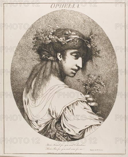 Ophelia, from Twelve Characters from Shakespeare, May 20, 1775 (originally published), published 1809, John Hamilton Mortimer, English, 1740-1779, England, Etching on cream wove paper, 406 × 324 mm (plate), 602 × 442 mm (sheet)