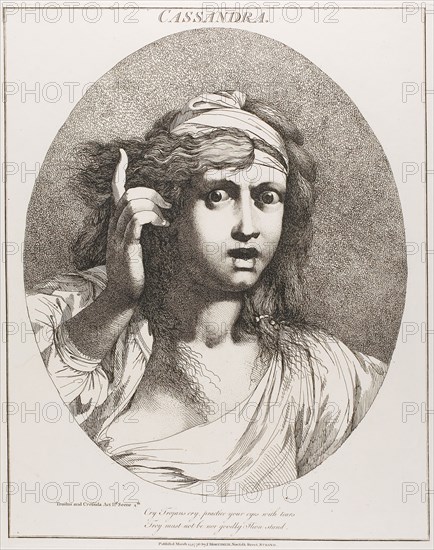 Cassandra, from Twelve Characters from Shakespeare, originally published March 15, 1776, published 1809, John Hamilton Mortimer, English, 1740-1779, England, Etching on cream wove paper, 400 × 323 mm (plate), 595 × 438 mm (sheet)