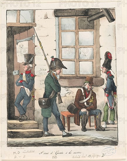 I’m guarding city hall, 1822, Honoré Victorin Daumier (French, 1808-1879), printed by Gottfried Engelmann (French, 1788-1839), published by chez Martinet (French, 19th century), France, Lithograph in black, with hand-coloring on ivory wove paper, 267 × 210 mm