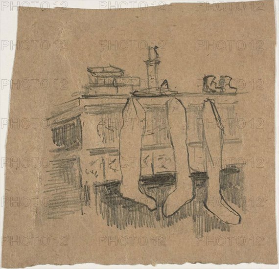 Christmas Stockings Hanging Over the Fireplace, n.d., William Michael Harnett, American, born Ireland, 1848-1892, United States, Graphite on tan wove paper, 129 x 134 mm