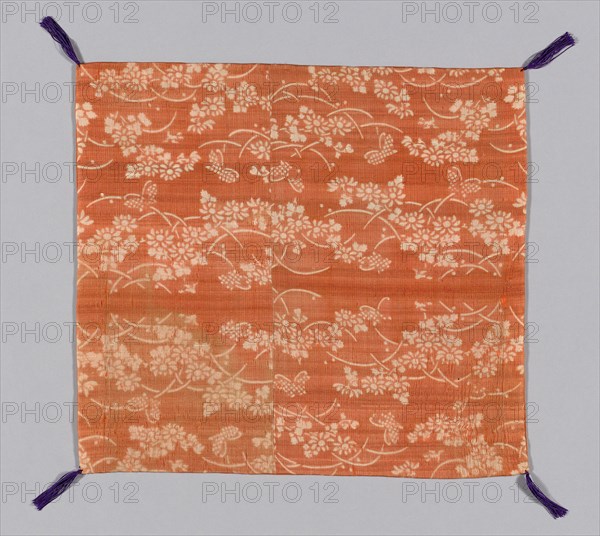 Fukusa (Gift Cover), late Edo (1789–1868)/early Meiji period (1868–1912), 1800/83, Japan, Patterned side: silk, plain weave, resist dyed, lined with silk, plain weave (possibly dyed with safflower), sewn with front and lining matched in size, corners: silk, knotted, cut fringe tassels, 38.3 x 42.2 cm (15 1/8 x 16 5/8 in.)