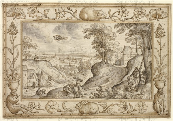 Landscape with the Sacrifice of Isaac within a Decorative Border of Plants and Animals, 1584, Hans Bol, Netherlandish, 1534-1593, Netherlands, Pen and brown ink and brown and gray washes on ivory laid paper, incised with a stylus for transfer, 145 x 212 mm