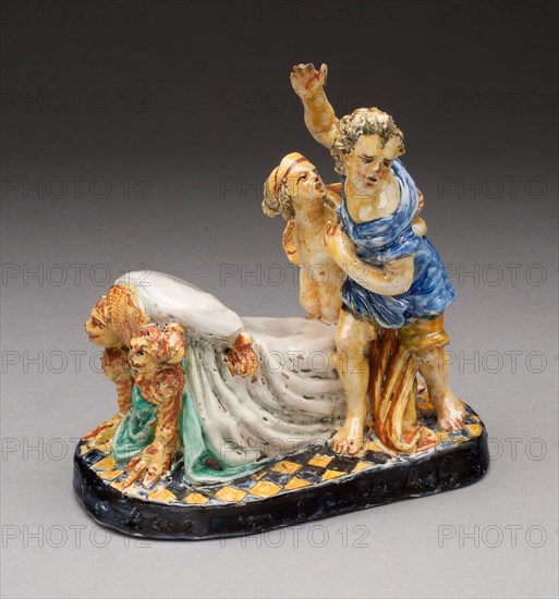 Joseph and Potiphar’s Wife, 1610/70, Italy, Central Italy, Tin-glazed earthenware, 15.6 × 15.9 × 9.2 cm (6 1/8 × 6 1/4 × 3 5/8 in.)