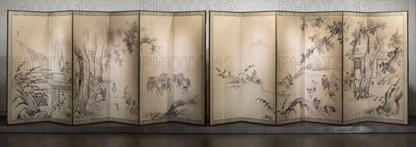 Monkey Trainers and Scenes of Chinese Life, 17th century, Kano Yasunobu, Japanese, 1613-1685, Japan, Pair of six-panel screens, ink and light colors on paper, Painting: 170.4 x 372.0 cm