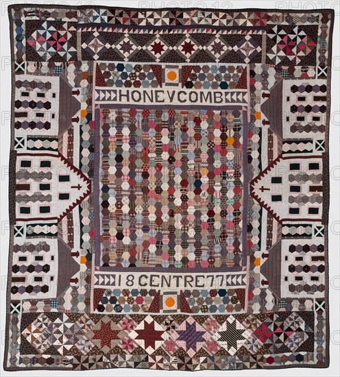 Honeycomb Centre Quilt, 1877, United States, Michigan, Union City, Michigan, Cotton and silk, plain weaves, some roller printed, pieced, appliquéd with cotton and wool, plain weave wrapped cardboard, edged and backed with cotton, plain weave, roller printed, quilted with cotton thread, 214.7 x 193.6 cm (84 1/2 x 76 1/4 in.)