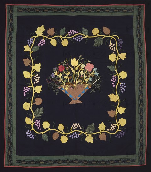 Bedcover (Basket of Flowers Quilt), c.  1860, Made for the Bridges Family, United States, Kentucky, Lexington, Kentucky, Silk, plain weave, appliquéd with silk plain weaves and silk and cotton, plain weaves cut solid velvet, sewn with silk and cotton, and embroidered with silk in chain, herringbone, satin, single back and stem stitches, French knots and couching, edged with silk, plain weave, backed with cotton, plain weave, glazed, 149.8 x 131.2 cm (59 x 51 5/8 in.)