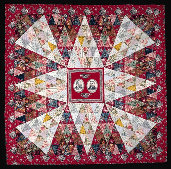 Garfield and Arthur Quilt, c.  1880, Possibly Annie Ensminger Kready (American, 1871-1956) or Louisa Ensminger (American, 1850-1899), United States, Pennsylvania, Lancaster County, Manheim Township, Pennsylvania, Pieced quilt, printed, cotton plain and twill weave fabrics, printed, cotton plain weave handkerchief, 215.7 x 218.9 cm (84 7/8 x 86 1/4 in.)
