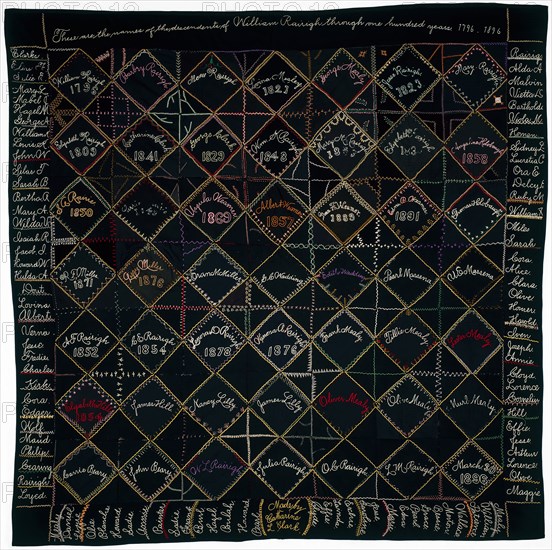 Bedcover Entitled Genealogy, 1896, Designed and Executed by Catharine L. Clark, American, active c. 1896, United States, Massachusetts, Cape Cod, Massachusetts, Wool, cotton, and silk, twill weaves and plain weave cut solid velvet, some stamped, pieced, embroidered with silk in back, single back, buttonhole, chain, detached chain, feather, double feather, herringbone, satin, single satin, and stem stitches, backed stitch couching, edged with cotton, plain weave, backed with cotton, satin weave, sewn with cotton thread, 221.3 x 224.2 cm (87 1/8 x 88 1/4 in.)