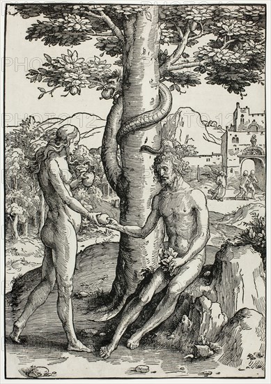 Adam and Eve (The Fall of Man), c. 1514, Lucas van Leyden, Netherlandish, c. 1494-1533, Netherlands, Woodcut in black on ivory laid paper, 419 x 292 mm