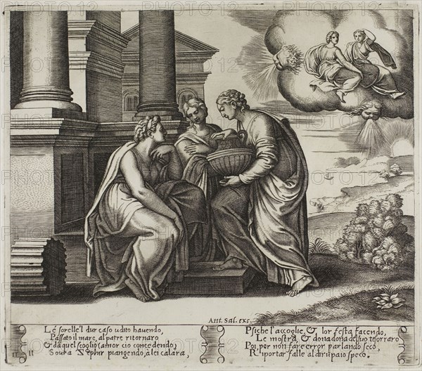Psyche Gives Presents to Her Sisters, 1530/40, Master of the Die (Italian, active c. 1530-1560), after Michiel Coxcie I (Flemish, 1499-1592), in turn, inspired by Raffaello Sanzio, called Raphael (Italian, 1483-1520), Italy, Engraving in warm brown ink on cream laid paper, 200 x 235 mm (plate), 270 x 370 mm (sheet)