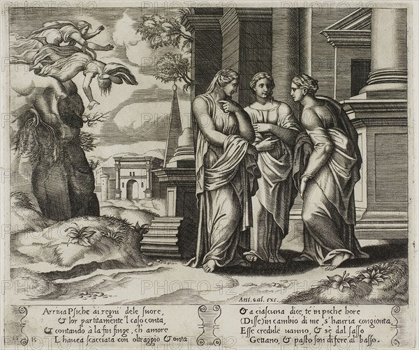 Psyche Telling Her Misfortune to Her Sisters, 1530/40, Master of the Die (Italian, active c. 1530-1560), after Michiel Coxcie I (Flemish, 1499-1592), in turn, inspired by Raffaello Sanzio, called Raphael (Italian, 1483-1520), Italy, Engraving in warm brown ink on cream laid paper, 200 x 235 mm (plate), 270 x 370 mm (sheet)