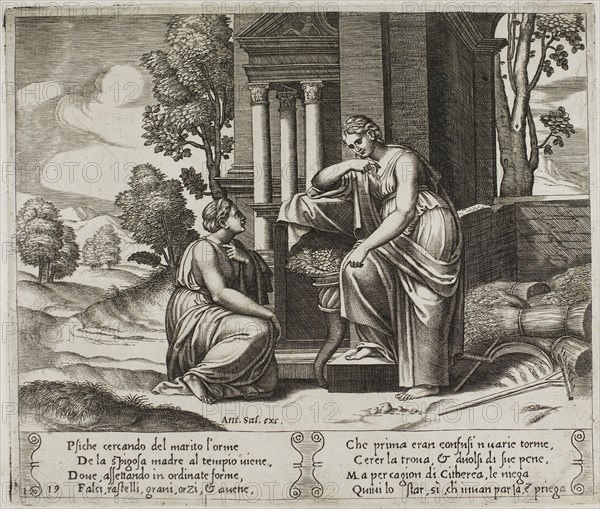 Ceres Refusing Any Assistance to Psyche, 1530/40, Master of the Die (Italian, active c. 1530-1560), after Michiel Coxcie I (Flemish, 1499-1592), in turn, inspired by Raffaello Sanzio, called Raphael (Italian, 1483-1520), Italy, Engraving in warm brown ink on cream laid paper, 200 x 235 mm (plate), 270 x 370 mm (sheet)