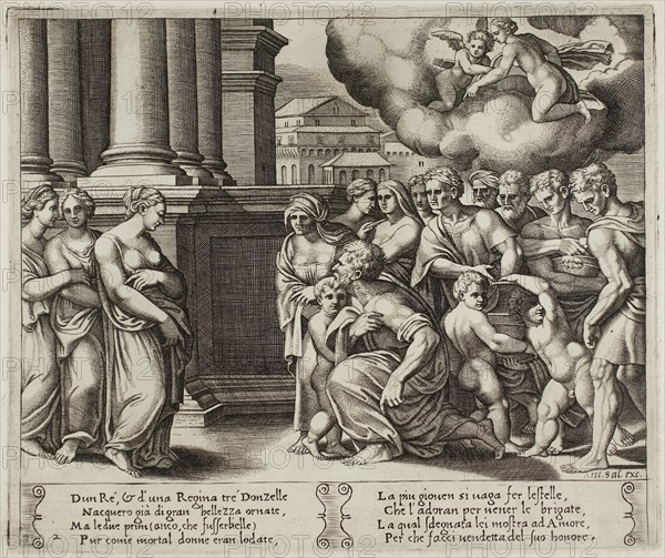 The People Rendering Divine Honors to Psyche, 1530/40, Master of the Die (Italian, active c. 1530-1560), after Michiel Coxcie I (Flemish, 1499-1592), in turn, inspired by Raffaello Sanzio, called Raphael (Italian, 1483-1520), Italy, Engraving in warm brown ink on cream laid paper, 200 x 235 mm (plate), 270 x 370 mm (sheet)