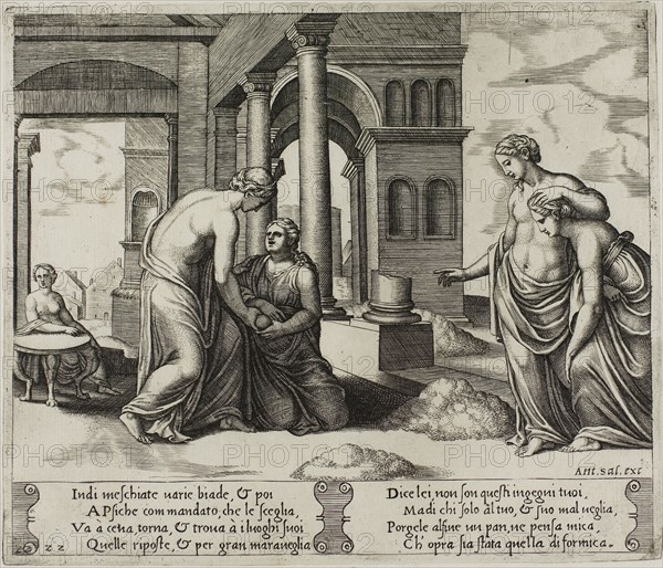Venus Ordering Psyche to Sort a Heap of Grain, 1530/40, Master of the Die (Italian, active c. 1530-1560), after Michiel Coxcie I (Flemish, 1499-1592), in turn, inspired by Raffaello Sanzio, called Raphael (Italian, 1483-1520), Italy, Engraving in warm brown ink on cream laid paper, 200 x 235 mm (plate), 270 x 370 mm (sheet)