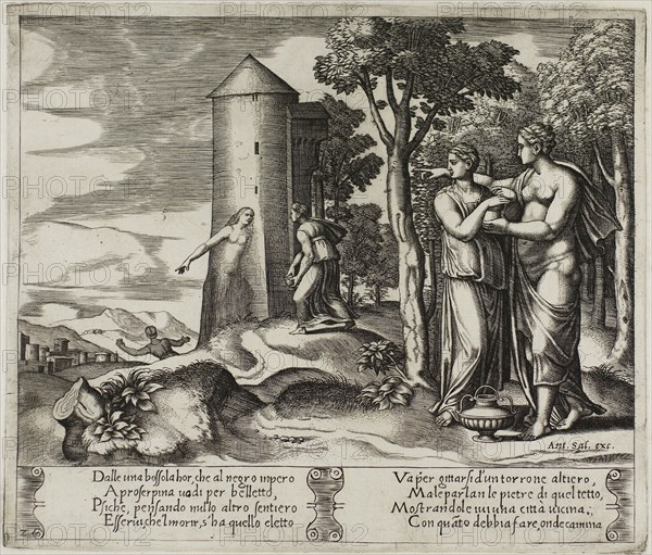 Psyche Leaves for the Underworld, 1530/40, Master of the Die (Italian, active c. 1530-1560), after Michiel Coxcie I (Flemish, 1499-1592), in turn, inspired by Raffaello Sanzio, called Raphael (Italian, 1483-1520), Italy, Engraving in warm brown ink on cream laid paper, 200 x 235 mm (plate), 270 x 370 mm (sheet)