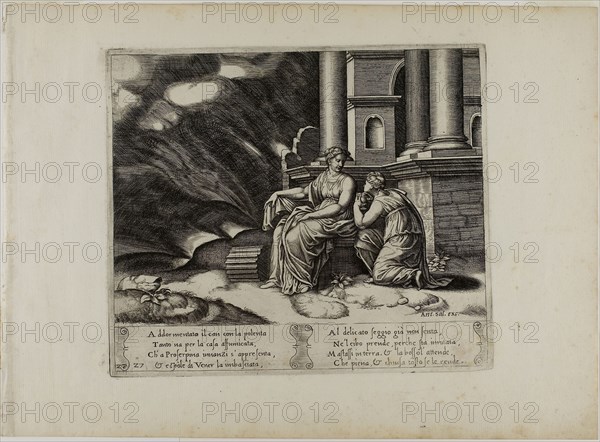 Proserpina Gives Psyche the Box of Beauty, 1530/40, Master of the Die (Italian, active c. 1530-1560), after Michiel Coxcie I (Flemish, 1499-1592), in turn, inspired by Raffaello Sanzio, called Raphael (Italian, 1483-1520), Italy, Engraving in warm brown ink on cream laid paper, 200 x 235 mm (plate), 270 x 370 mm (sheet)