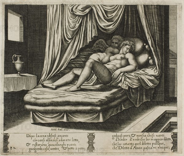 Cupid and Psyche Together in the Nuptial Bed, 1530/40, Master of the Die (Italian, active c. 1530-1560), after Michiel Coxcie I (Flemish, 1499-1592), in turn, inspired by Raffaello Sanzio, called Raphael (Italian, 1483-1520), Italy, Engraving in warm brown ink on cream laid paper, 200 x 235 mm (plate), 270 x 370 mm (sheet)