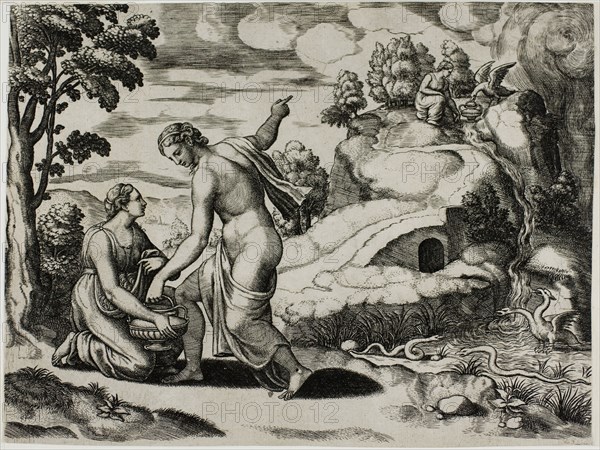 Venus Ordering Psyche to Seek Water From a Fountain Guarded by Dragons, 1530/40, Master of the Die (Italian, active c. 1530-1560), after Michiel Coxcie I (Flemish, 1499-1592), in turn, inspired by Raffaello Sanzio, called Raphael (Italian, 1483-1520), Italy, Engraving in warm brown ink on ivory laid paper, attached to ivory laid paper along right margin, 167 x 221 mm (image/primary support cut within plate mark), 167 x 302 mm (sheet, with attached sheet at right)