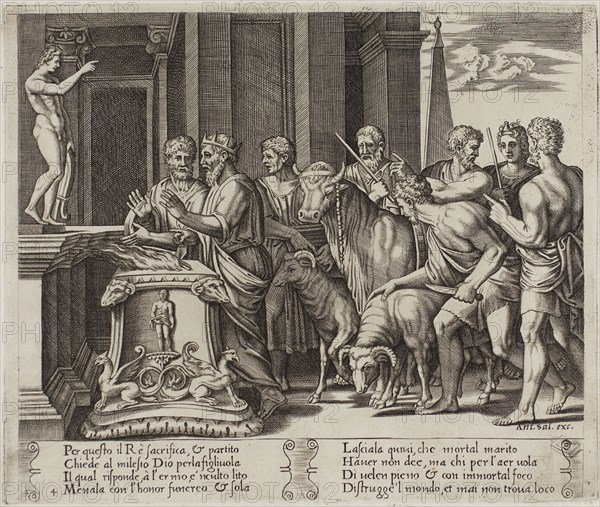 Psyche’s Father Consulting the Oracle, 1530/40, Agostino dei Musi (Italian, c. 1490-after 1536), after Michiel Coxcie I (Flemish, 1499-1592), in turn, inspired by Raffaello Sanzio, called Raphael (Italian, 1483-1520), printed by Antonio Salamanca (Italian, 1478-1562), Italy, Engraving in warm brown ink on cream laid paper, 200 x 235 mm (plate), 270 x 370 mm (sheet)