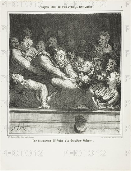 A literary argument on the second tier, plate 3 from Croquis Pris Au Théatre par Daumier, published February 27, 1864, Honoré Victorin Daumier, French, 1808-1879, France, Lithograph in black on ivory wove paper, 237 × 218 mm (image), 334 × 260 mm (sheet)