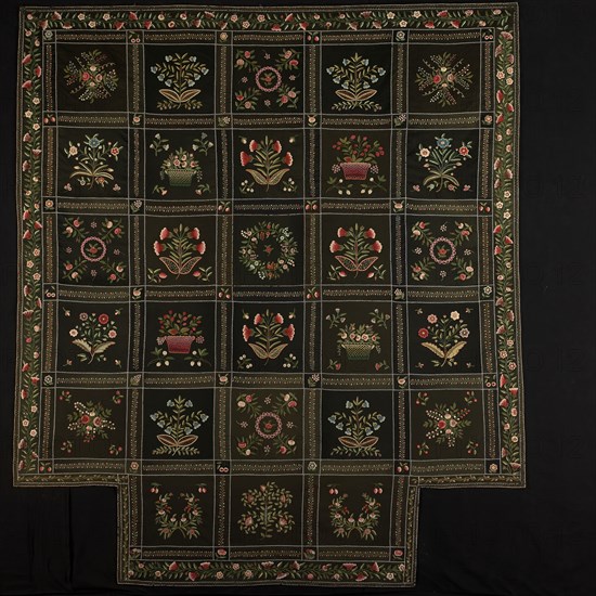 Bedcover, c. 1849, Executed by Rebecca C. Hayward, American, active c. 1849, United States, Massachusetts, Winchendon, Massachusetts, Wool, broken twill weave, fulled, embroidered with wool and silk in back, individual back, looped back (cut to form pile), chain, feather, fly, long-armed cross, satin, individual satin, and stem stitches, lined with cotton, plain weave, roller and possibly block printed, glazed, 256 x 225.7 cm (100 3/4 x 88 7/8 in.)