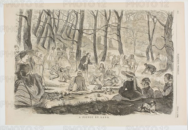 A Picnic By Land, published June 5, 1858, Winslow Homer (American, 1836-1910), published by Harper’s Weekly (American, 1857-1916), United States, Wood engraving on paper, 234 x 352 mm (image), 274 x 399 mm (sheet)