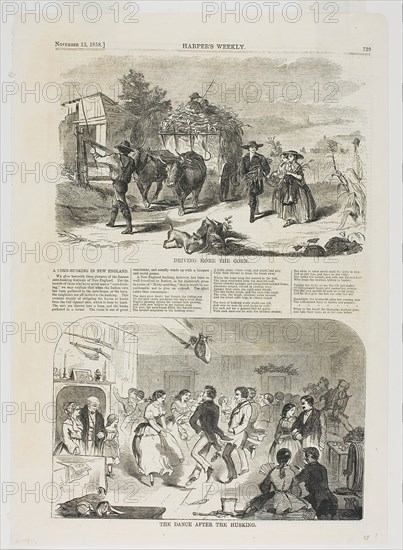 Driving Home the Corn and The Dance After the Husking, published November 13, 1858, Winslow Homer (American, 1836-1910), published by Harper’s Weekly (American, 1857-1916), United States, Wood engravings on paper, 152 x 235 mm (image, The Dance), 154 x 238 mm (image, Driving Home), 400 x 286 mm (sheet)