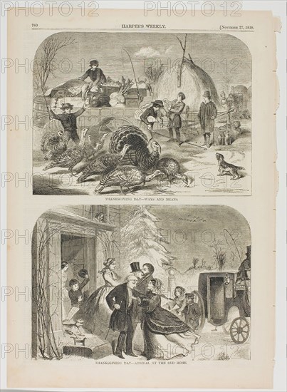 Thanksgiving Day—Ways and Means and Thanksgiving Day—Arrival at the Old Home, published November 27, 1858, Winslow Homer (American, 1836-1910), published by Harper’s Weekly (American, 1857-1916), United States, Wood engravings on paper, 174 x 234 mm (image, Ways and Means),